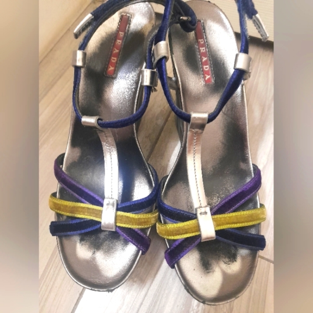 Prada Sport Silver Velvet T Strap Silver, Blue, Green & Purple Wedge Sandal Sz36